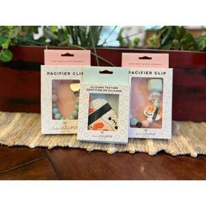 NWT Loulou Lollipop Silicone Baby Gift Set- Teether + 2 Paci/Teether Clips Sushi